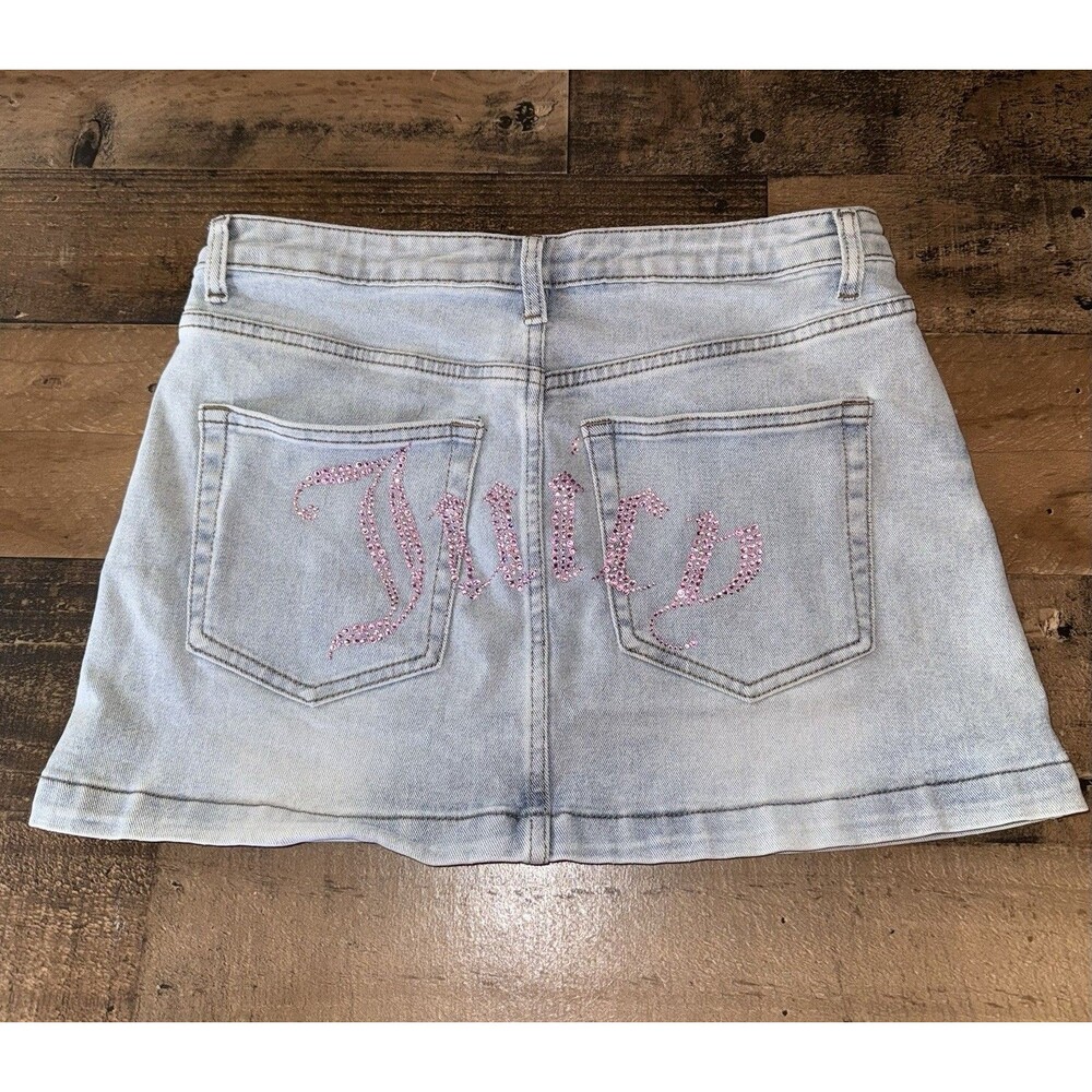 Juicy Couture Light Wash Denim Mini Skirt with Pink Rhinestone Logo